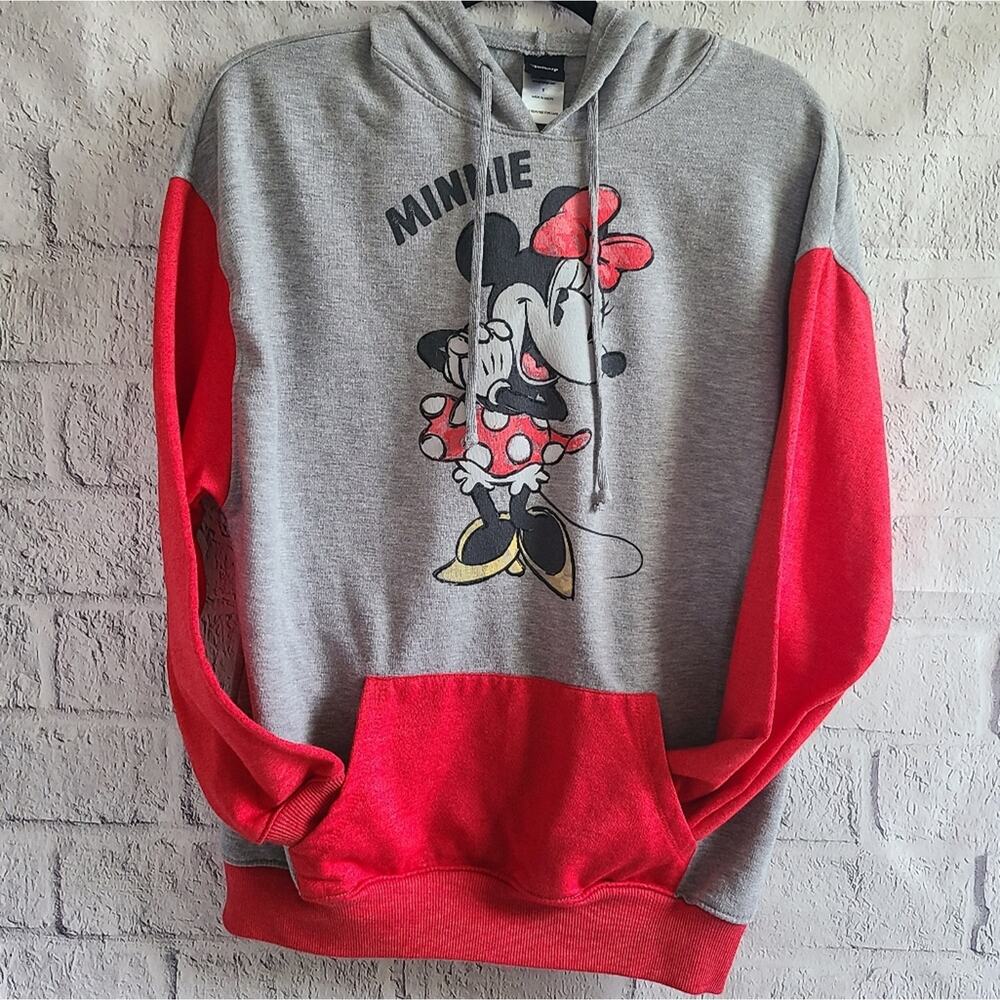 Disney Minnie Mouse Gray Oversized Graphic Red Sleeve Hoodie Small